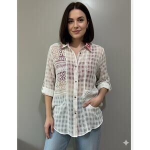 White Sheer Lace Floral Crane embroidery button down shirt Art Boho Romantic L